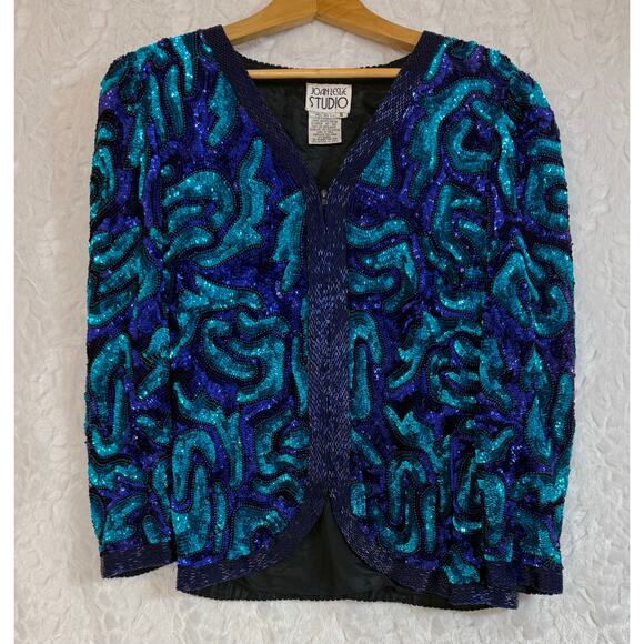 VTG 80s 90s Joan Leslie Studios Silk Sequin Beaded Abstract Glam Party Jacket Sm - Picture 1 of 10